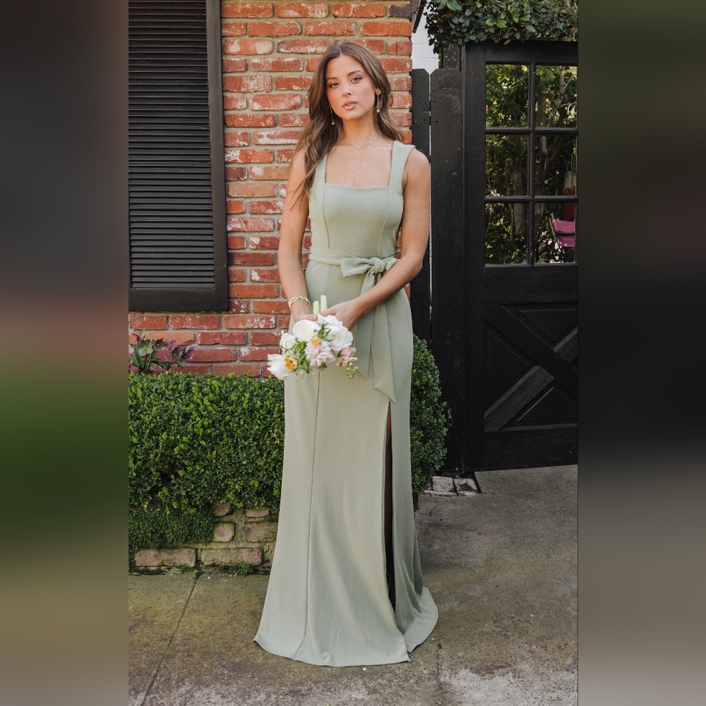 Mumu Paris Dress Formal Maxi Squareneck Side Slit Matching Sash Moss Green NWT